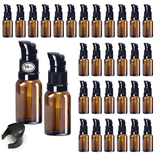 遮光瓶 15ml 50個 ポンプ式 詰替用ボトル ガラス ポンプ 容器 化粧品ボトル 携帯 トラベルボトル 小分けボトル 精油 乳液 シャンプー用 家庭 出張旅行用品
